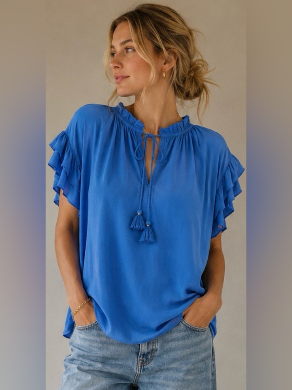 Rose + Olive 100% Rayon Ruffled Cap Sleeve Tunic
